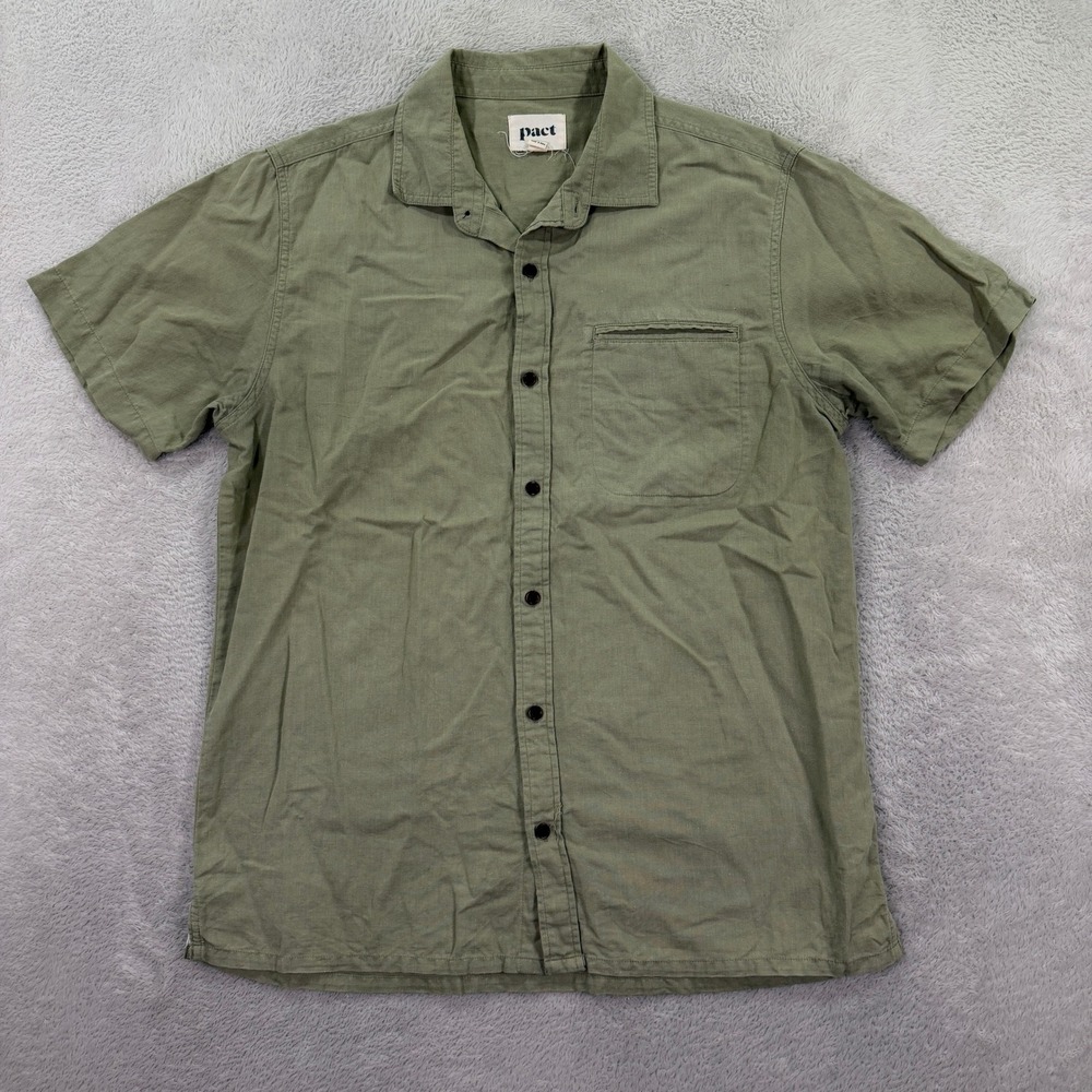 Pact Mens Medium Button Down Shirt Olive Green Linen Cotton Short Sleeve Eco